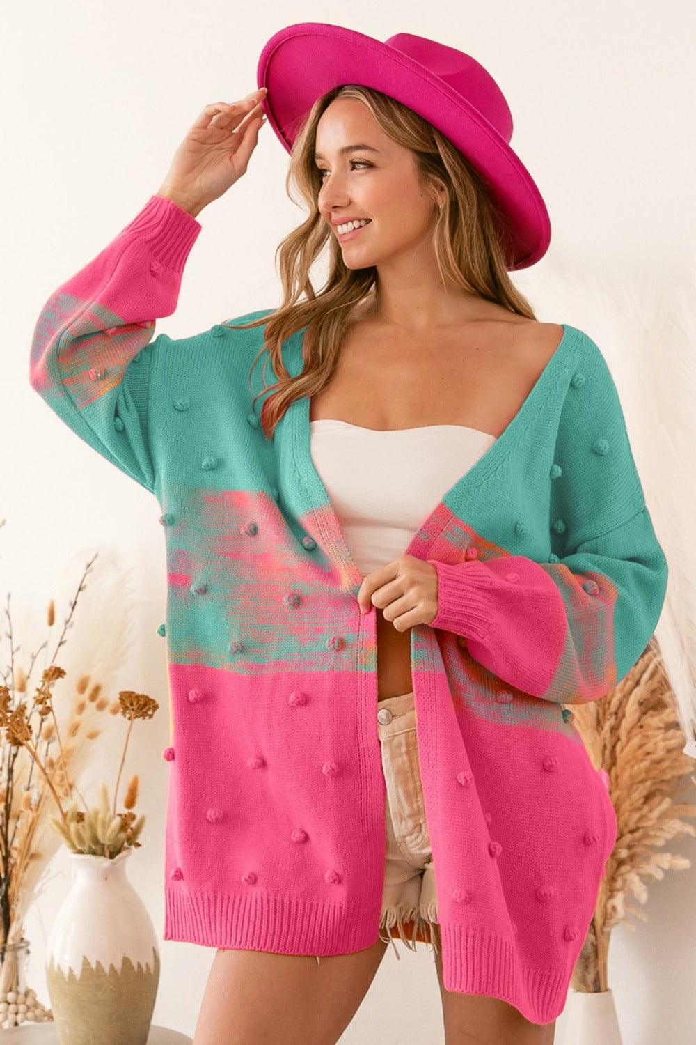 Pompon Colorful Cardigan BiBi USA Stock Color Block Sweater Turquoise Pink d4e4d2dd-9924-463d-b41f-c2e8ae9efbf6-Max Trendsi