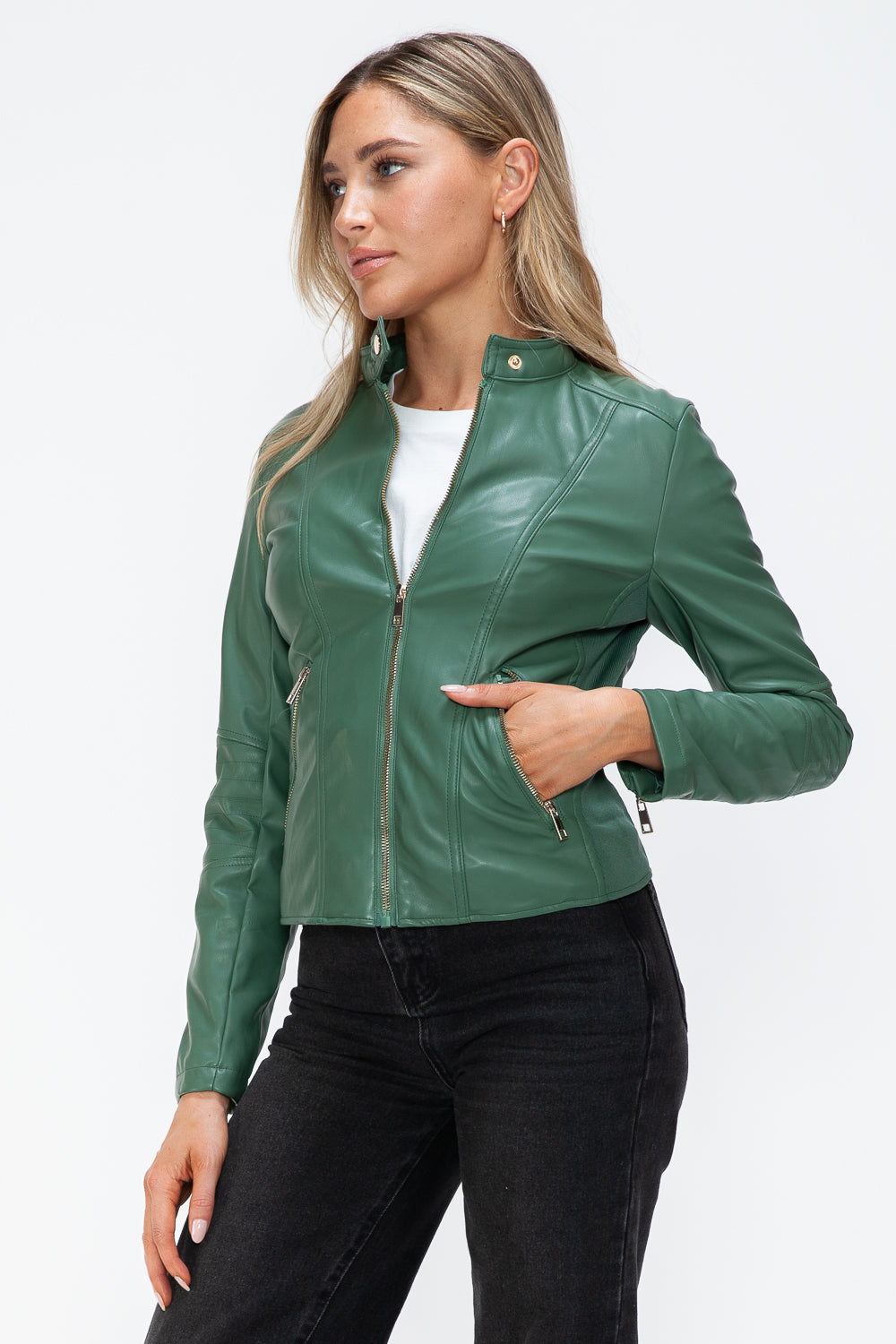 Snobbish Faux Leather Women Jacket Zip Hooded Pocketed Green Basic d4e7c5f4-234b-4a86-9d16-71ef4b419743-Max Trendsi