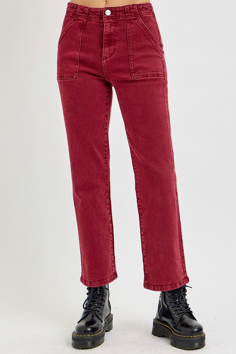 RISEN Wine Red High Women Jeans Rise Straight with Patch Pockets