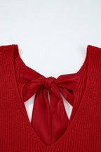 Womens Sweater Bow Knot Back Burgundy Red Lantern Sleeve V Neck Pullover d50d2ce4-6b20-4aa8-b7b0-5eb9e32f99a8-Max-Origin Trendsi