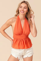 BiBi Tank Top Orange Ruched Back Open With Halter Neck Wrinkled d50de53762f54cae89865add4bbf336b-Max-Origin Trendsi