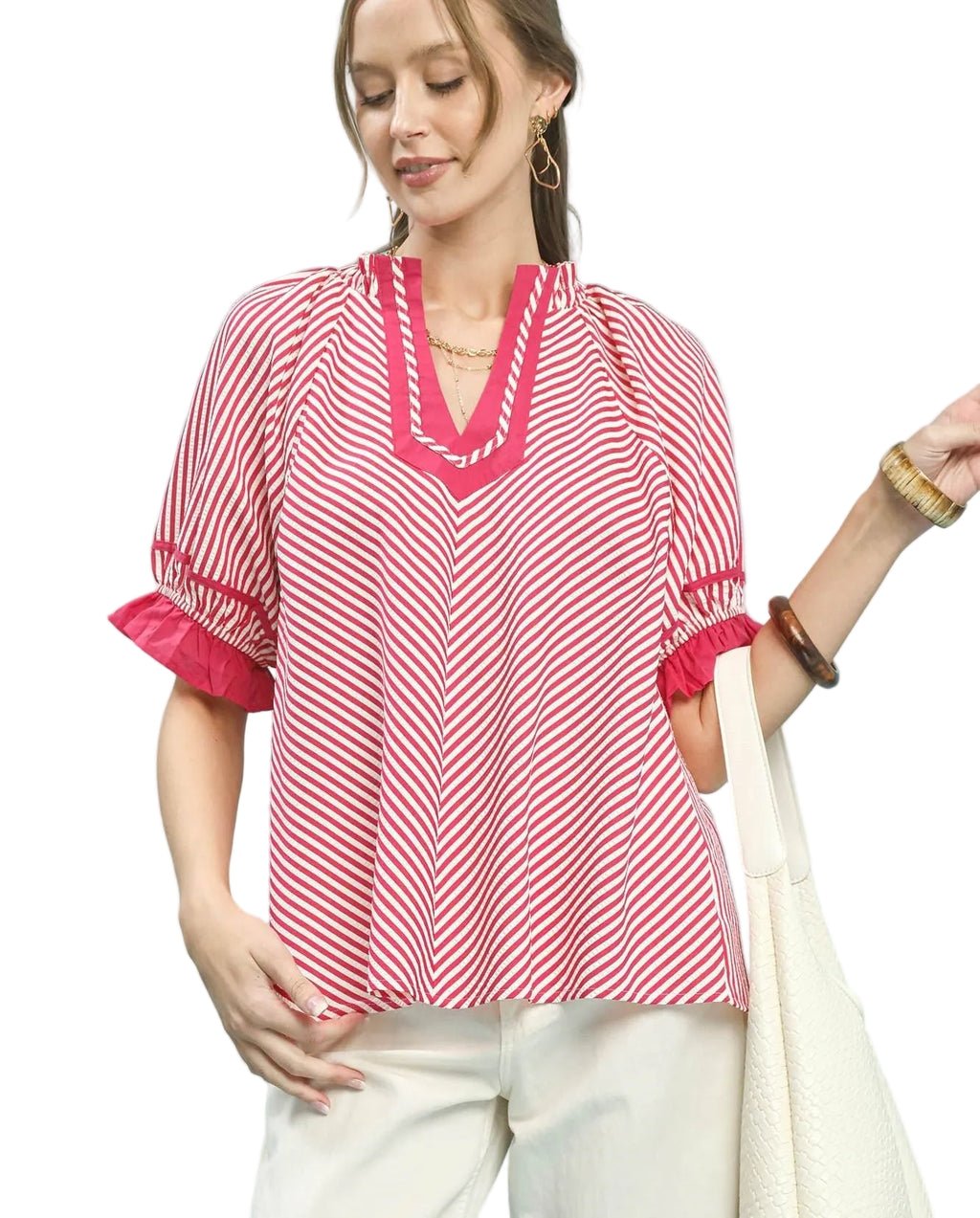 Umgee Stripe Ruffle Sleeve Split-Neck Blouse