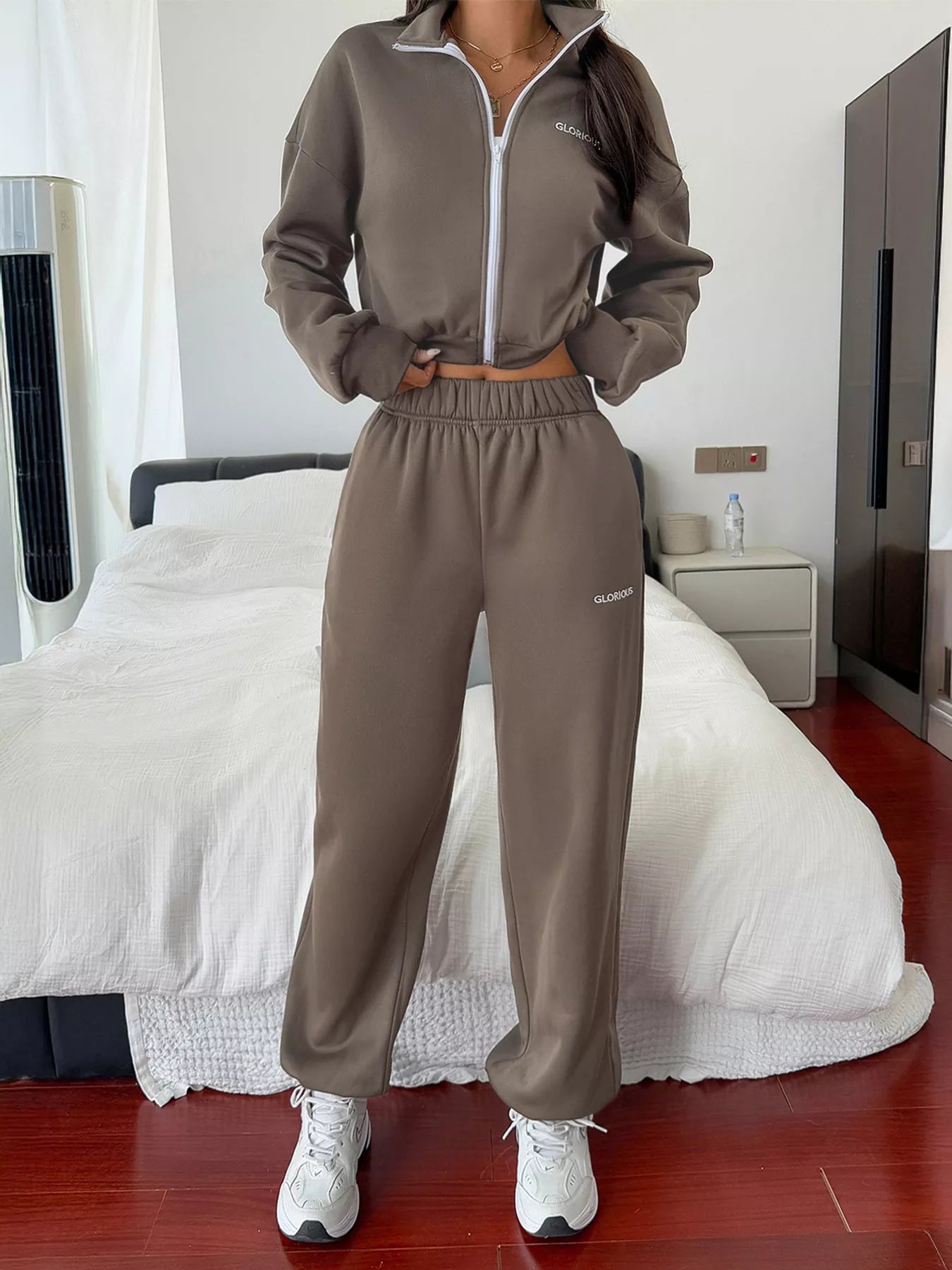 Womens Outfit Set Khaki Casual Zipper Front Sweatshirt & Drawstring Pants d51688c3842c4943afbbcbafb14acb8f-Max-Origin Trendsi