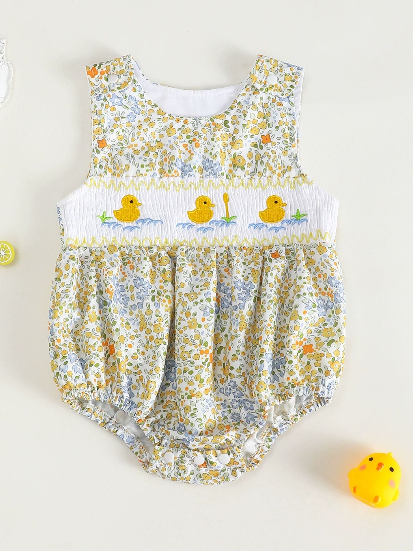 Children's One-Piece Floral Print Jumpsuit with Duck Embroidery