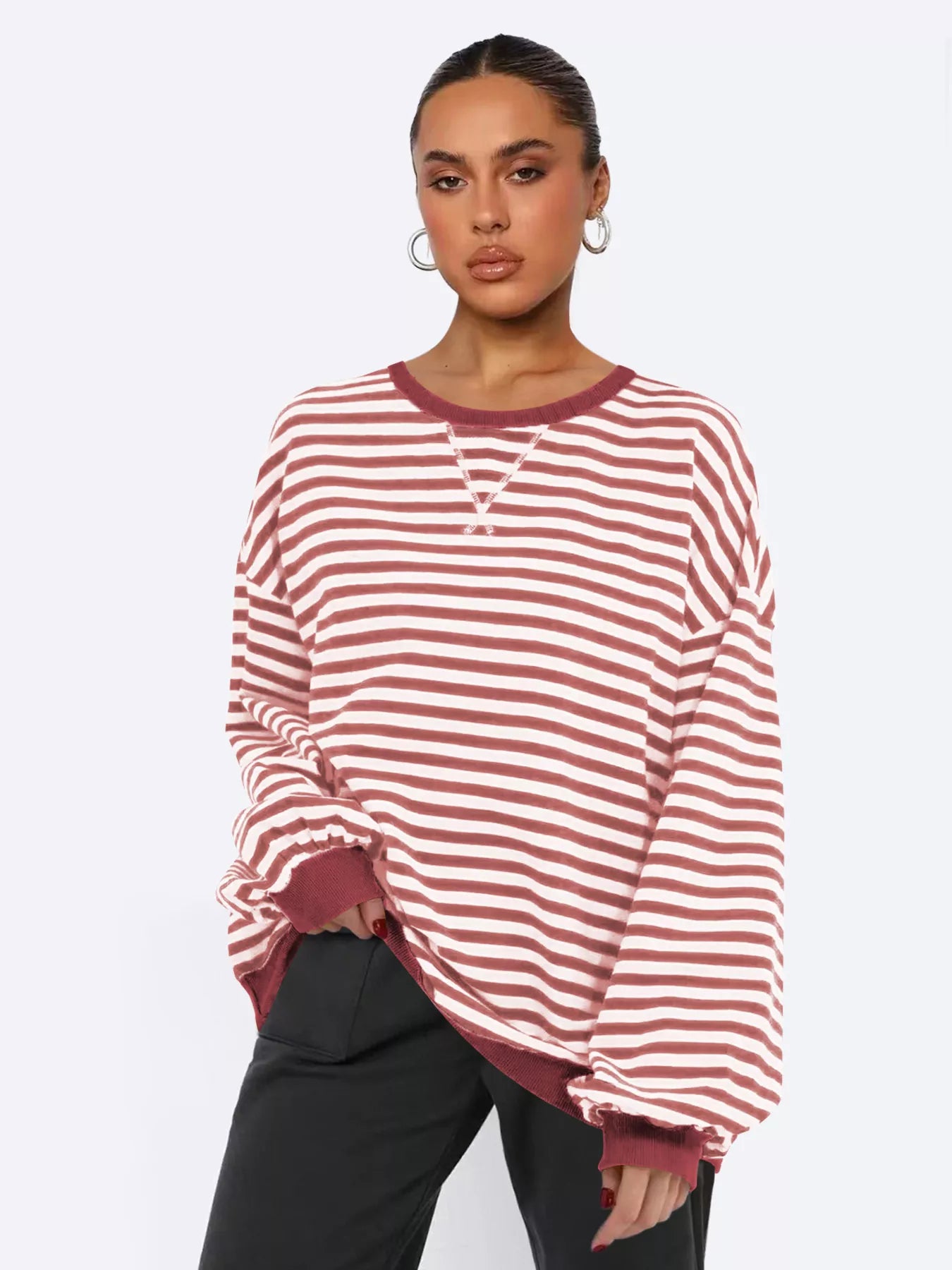 Women's Sweatshirt Striped Round Neck Long Sleeve Oversized Ribbed d524d66b66b94e288bed4ae0fb252b31-Max-Origin Trendsi