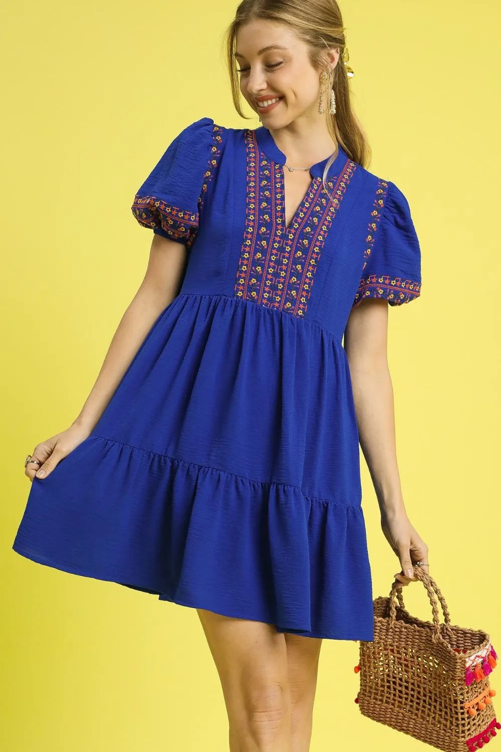 Umgee Mini Dress Dark Blue Floral Trim Embroidered Puff Short Sleeve Ruffled Dark Blue d52666ff-2a31-49d0-b5cf-906056089bc5-Max-Origin Trendsi