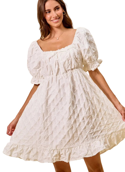 SO ME Mini Dress Textured Woven Off White with Ruching on Bust