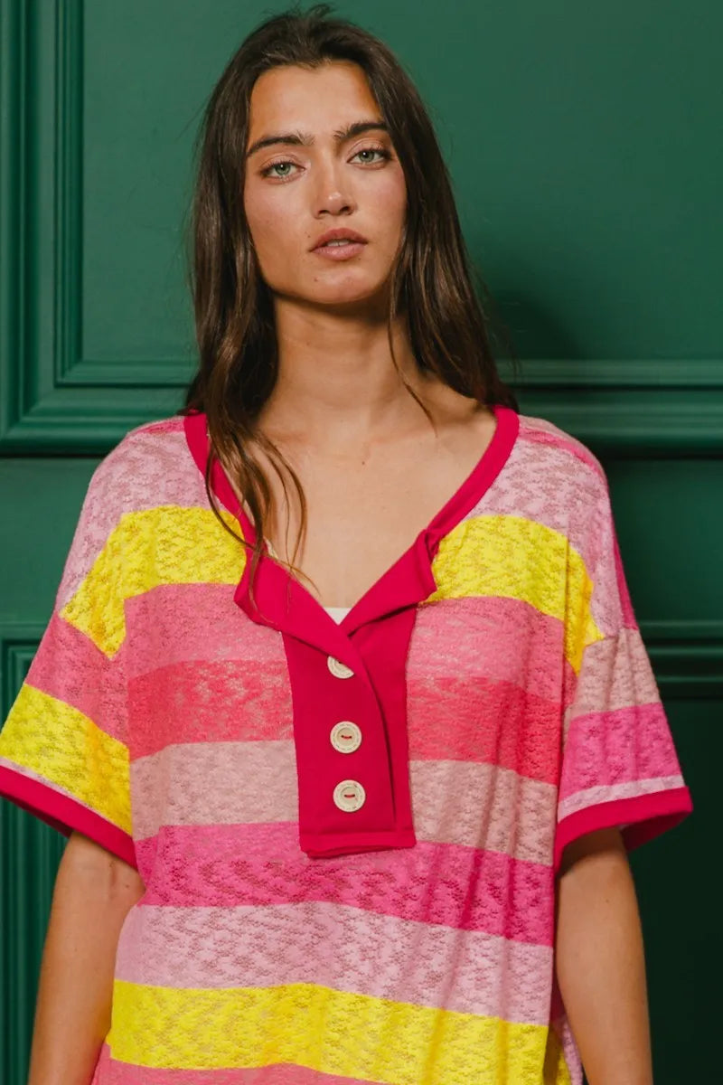 BiBi Multi Color Stripe Top Hacci Button Detail Ringer Short Sleeve T-shirt d52e51ea0caf4de8b1b088441a21a55b-Max-Origin Trendsi