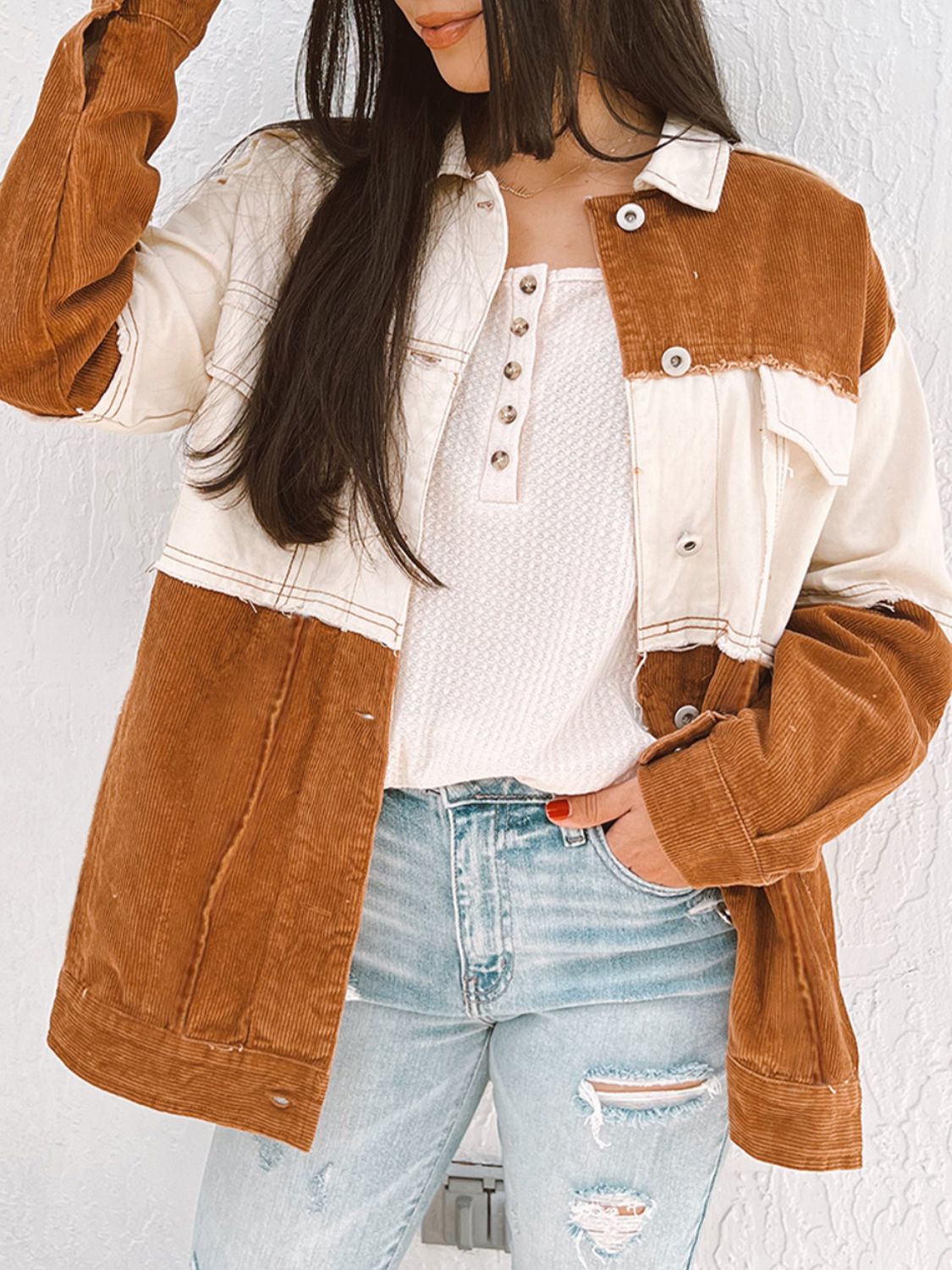 Women Jacket Corduroy Denim Patch Raw Hem Color Block Button Up Outwear