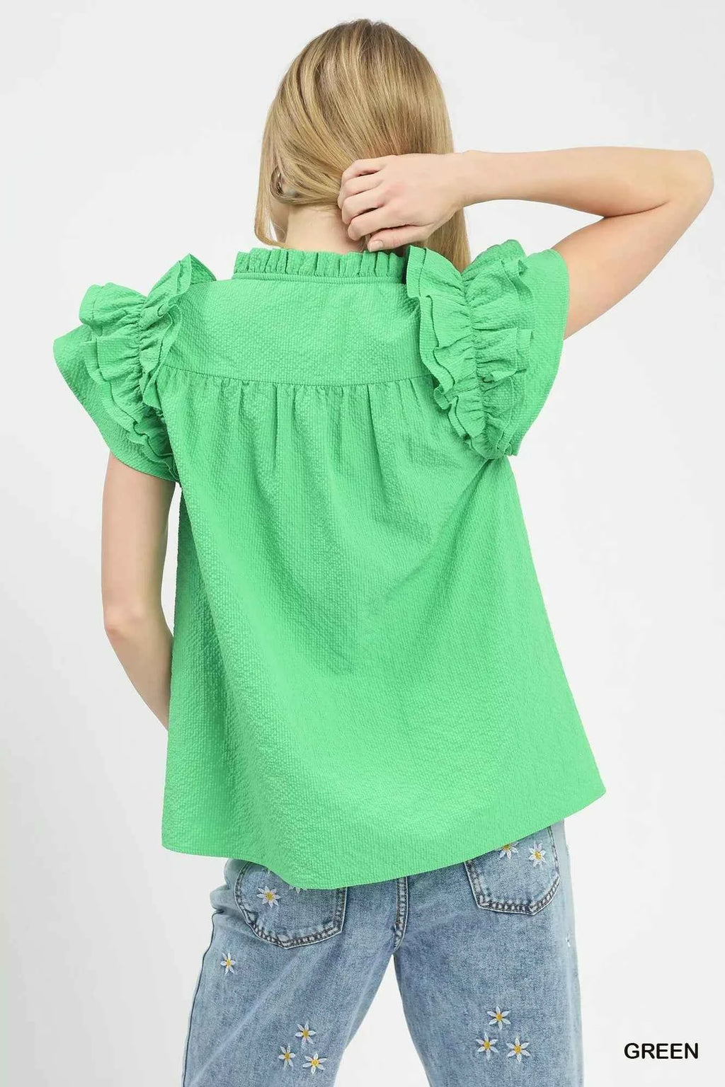 Umgee Blouse Green Textured Ruffle Short Sleeve Notched Top d53e2e89-b600-4418-9cfe-9f80a1e3ea58-Max-Origin Trendsi