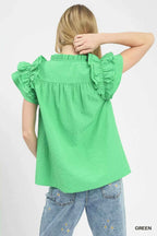 Umgee Blouse Green Textured Ruffle Short Sleeve Notched Top d53e2e89-b600-4418-9cfe-9f80a1e3ea58-Max-Origin Trendsi