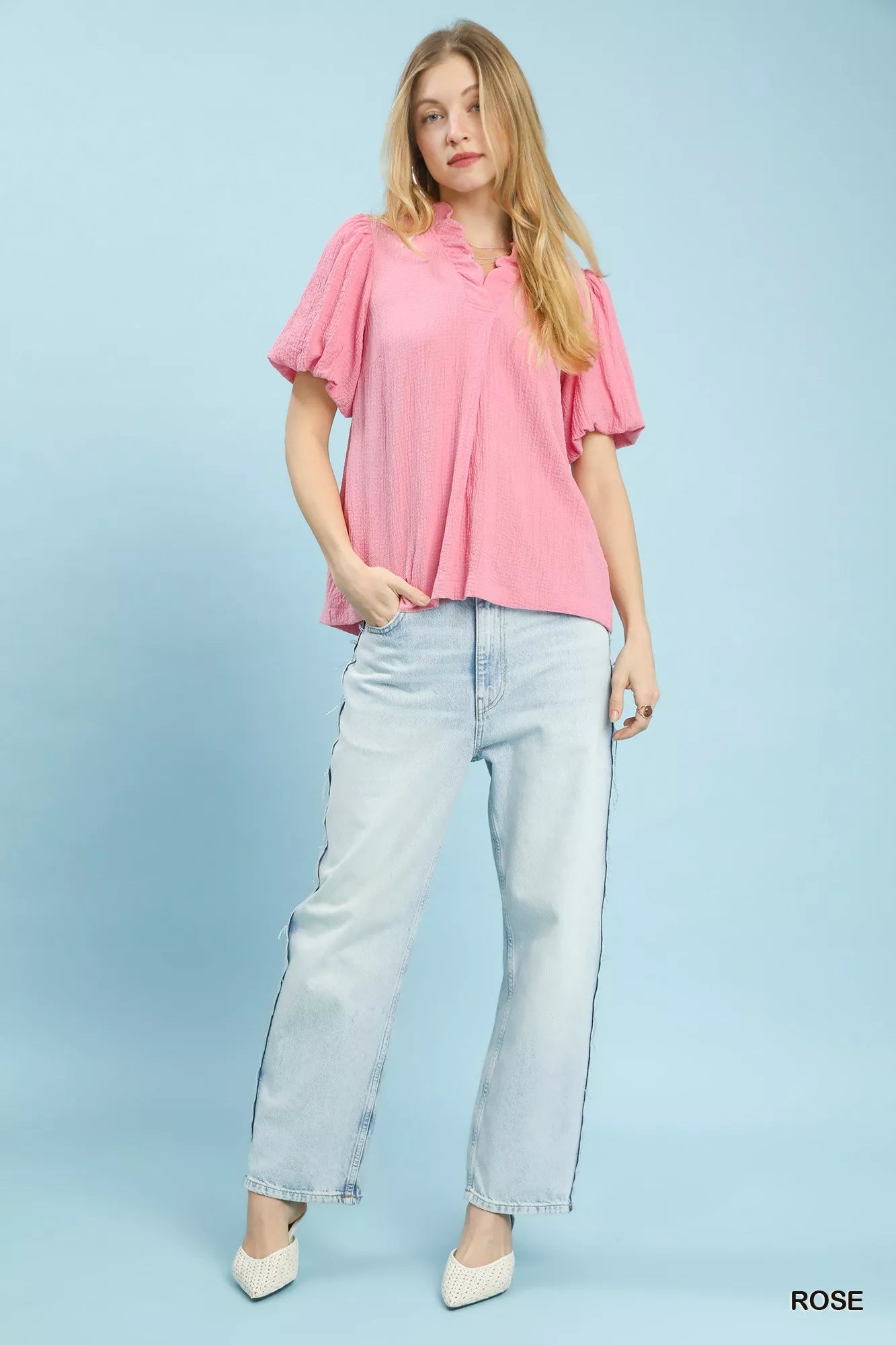 Umgee Blouse Rose Pink Seersucker Puff Short Sleeve Top d53f1a9d-0baf-490a-8cd9-9126a3745e42-Max-Origin Trendsi