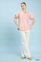 Umgee Blouse Peony Pink Striped Notched Top with Short Flutter Sleeves d54df8da-c92f-4181-9796-2a8565b5f030-Max-Origin Trendsi