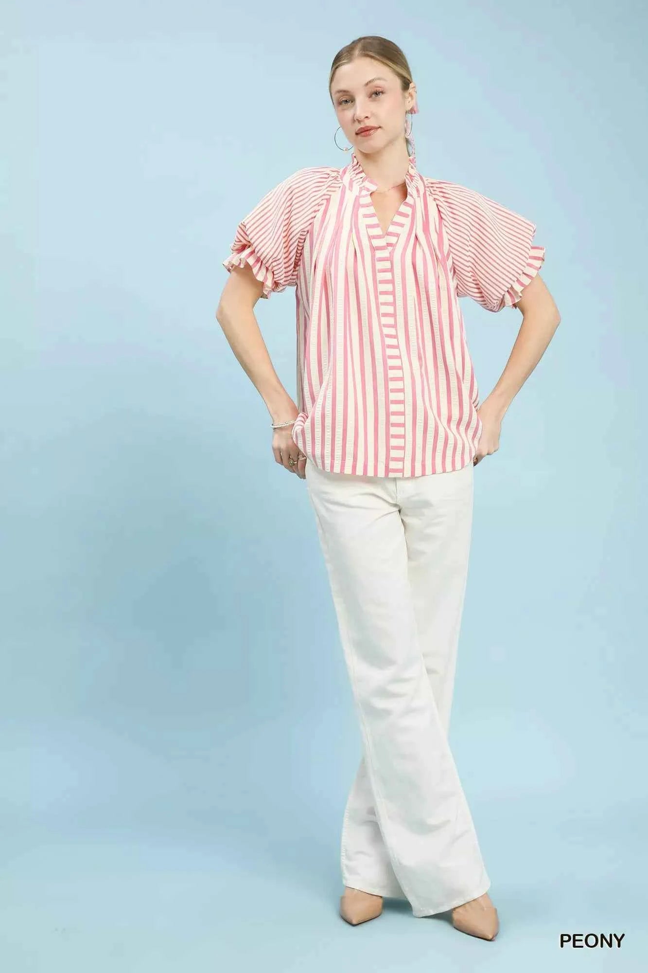 Umgee Blouse Peony Pink Striped Notched Top with Short Flutter Sleeves d54df8da-c92f-4181-9796-2a8565b5f030-Max-Origin Trendsi