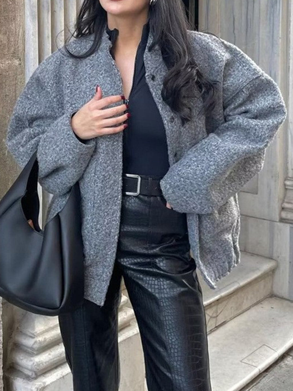 Women Jacket Snap Collared Long Sleeve Elastic Hem Oversized Pocketed d557fee4-c8fc-42a4-81b3-23bdb2bcae98-Max Trendsi