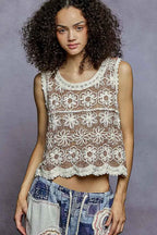 POL Floral Round Neck Cropped Crochet Sleeveless Top with Scalloped Edge