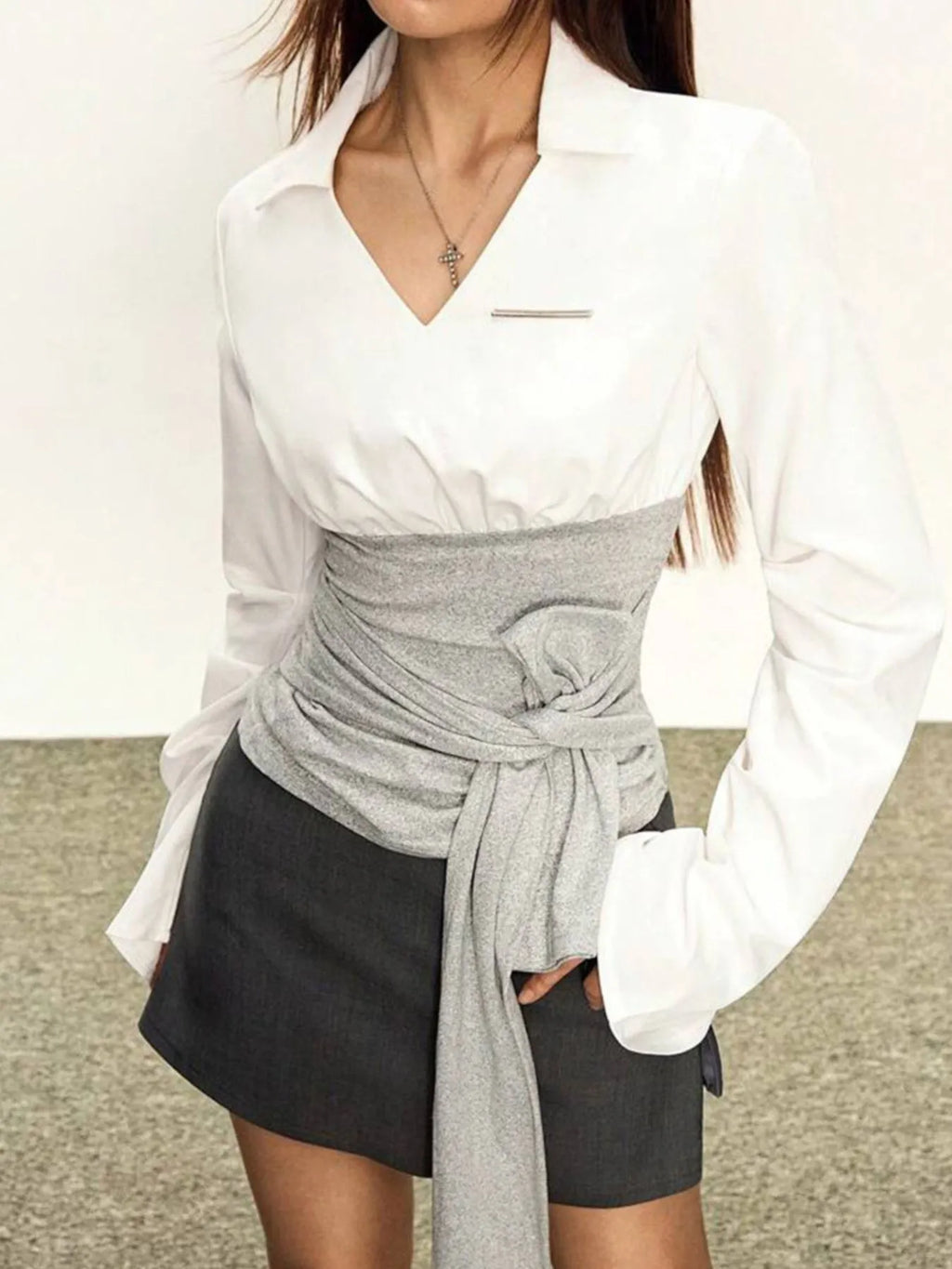 Women's Blouse White Collared Gray Tie Waist Long Sleeve d56bd573-0844-4cc8-bfc4-41e016f66cf3-Max-Origin Trendsi