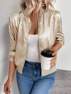 Women's Jacket Gold Metalic Lightweight Zip Up Long Sleeve Outwear Gold d56c74433da54ae399bc48d624582397-Max-Origin Trendsi
