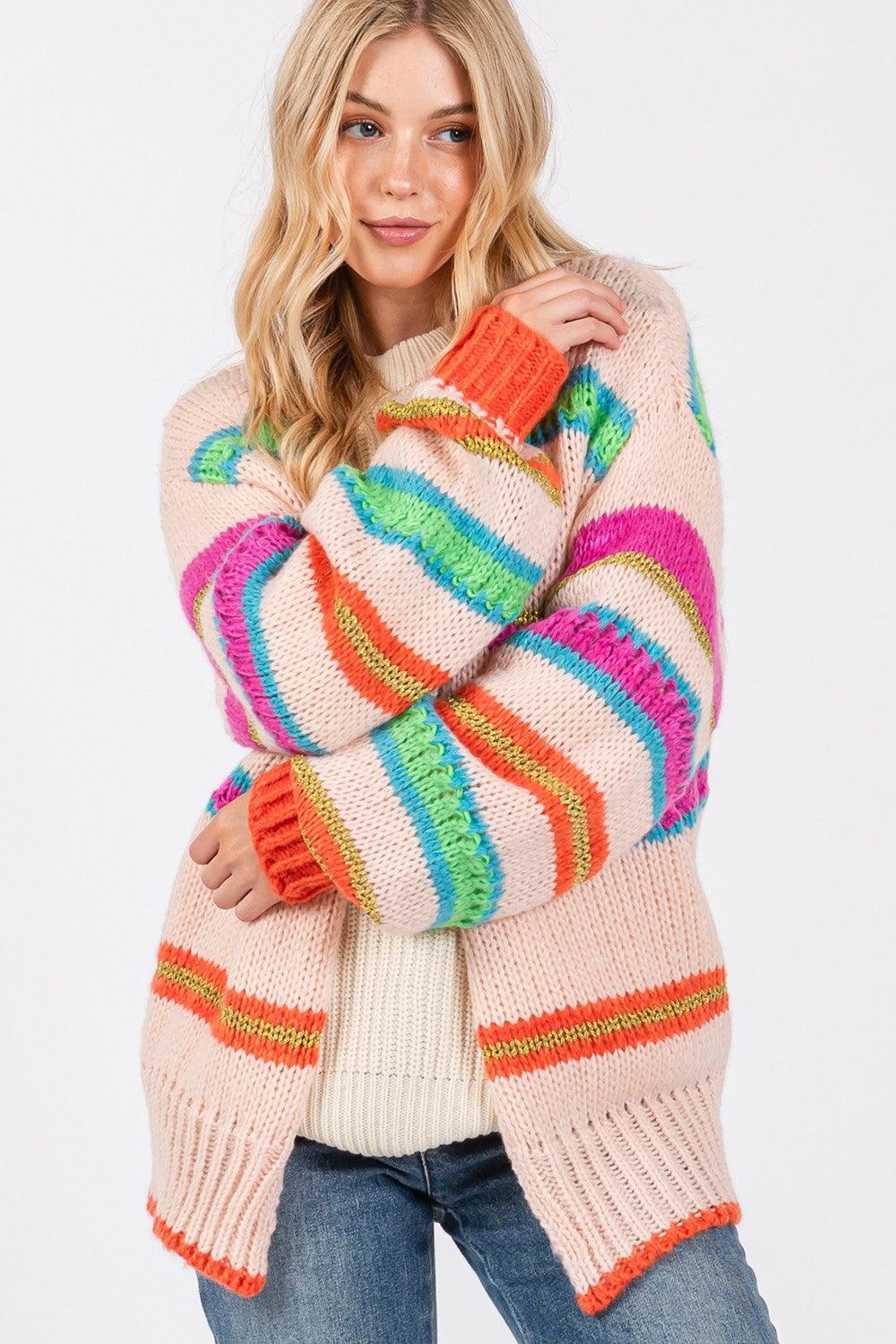 Cardigan SAGE + FIG Rainbow Striped Open Front Knit Long Sleeve d56e1bb2-1c8e-42ec-9eff-2e4ca6490df3-Max Trendsi