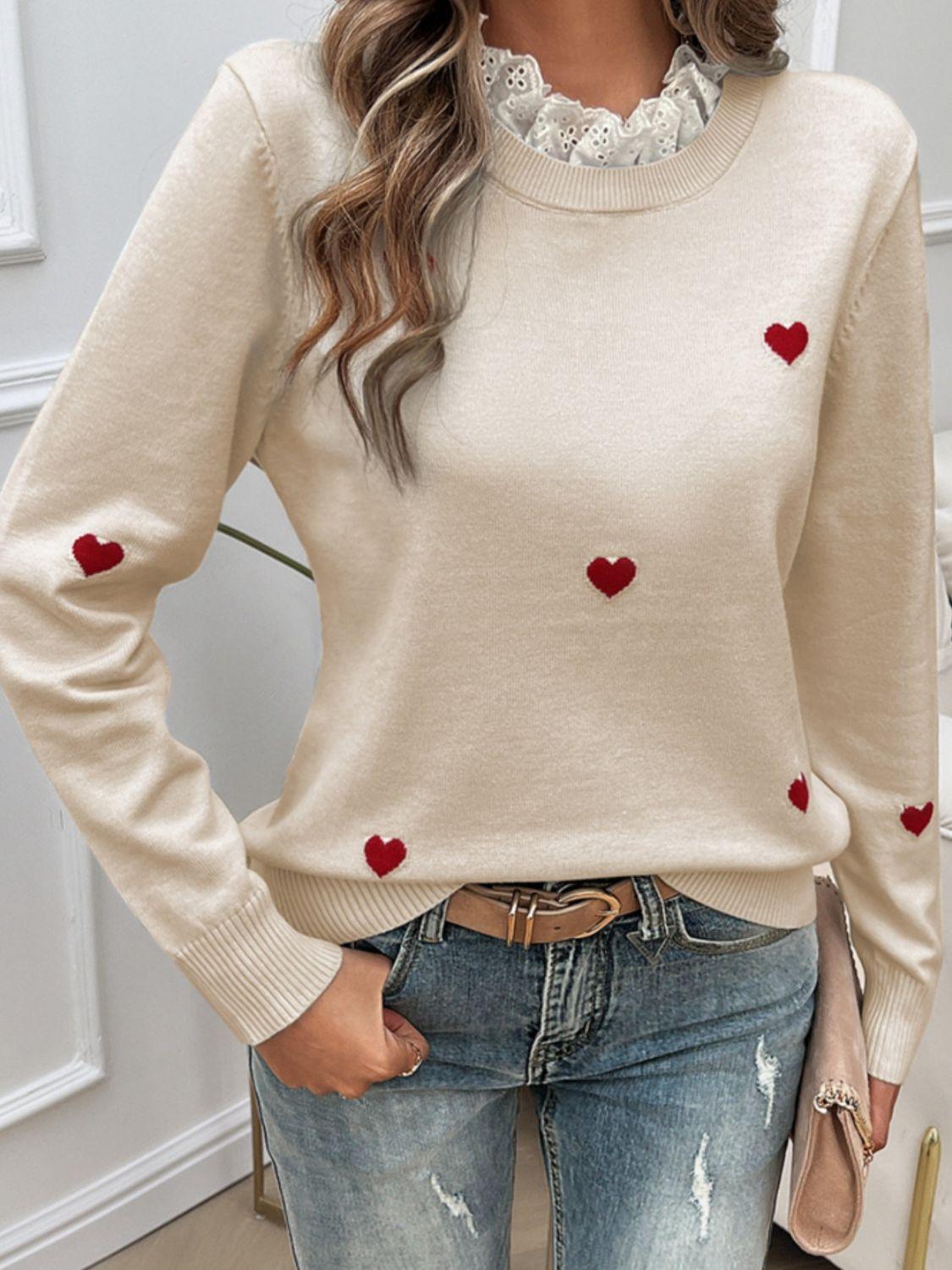 Heart Sweater Lace Collar Detail Long Sleeve Knitwear Beige d588952e-3575-4d2c-8460-a2ce8468ff2a-Max Trendsi