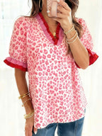 Leopard Print Ruffled Short Sleeve Blouse