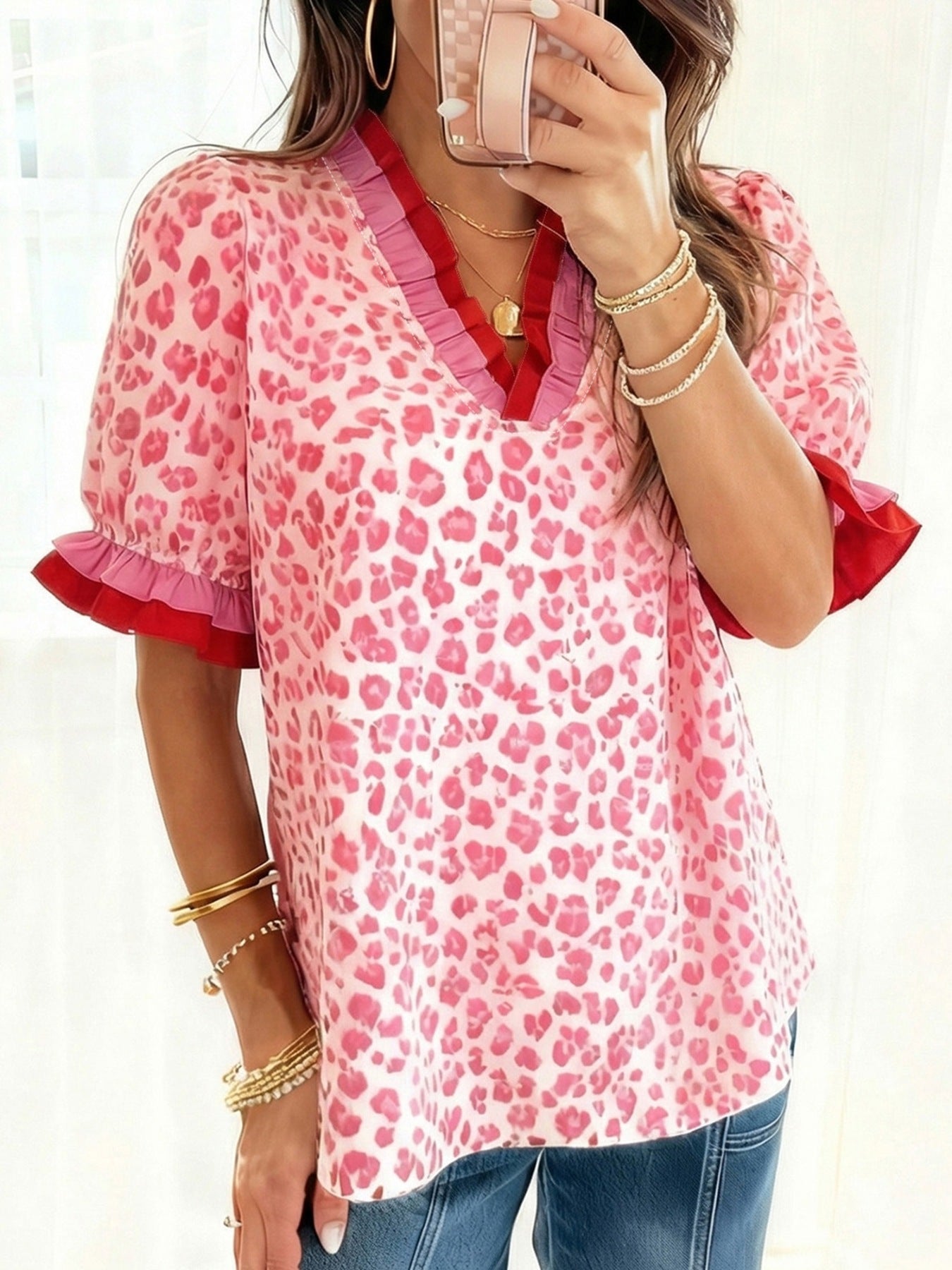 Leopard Print Ruffled Short Sleeve Blouse