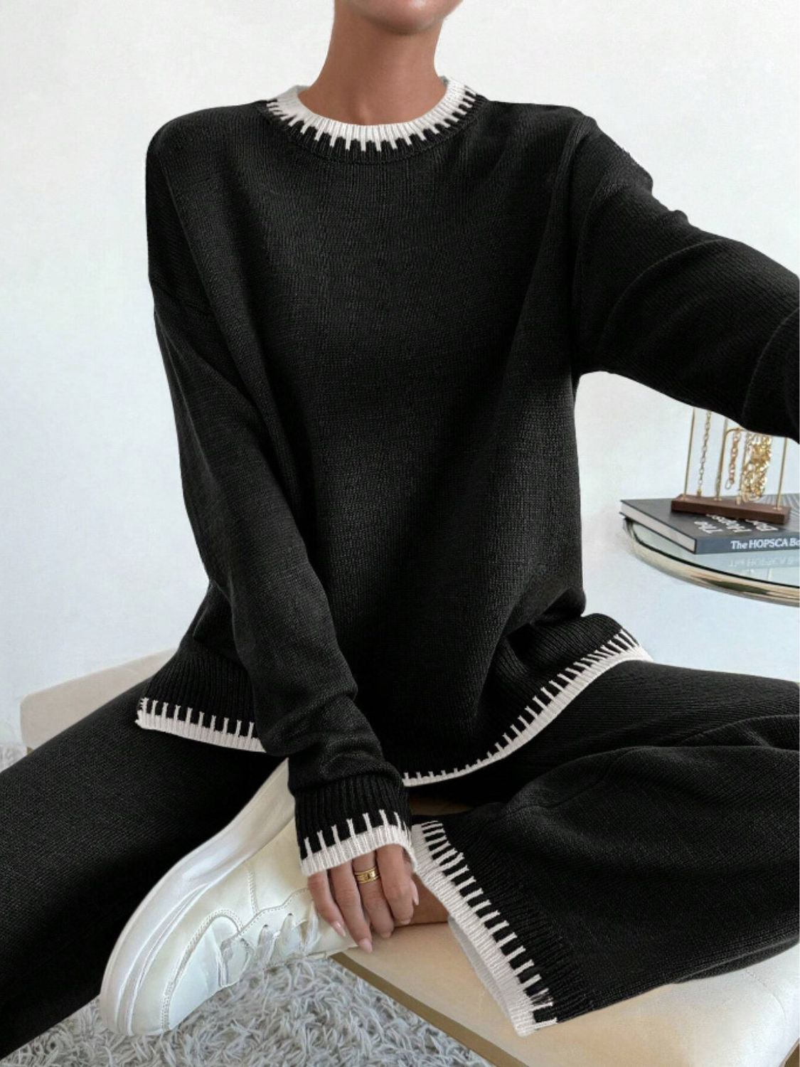 Outfit Set Knit Sweater Side Slit Contrast Trim Round Neck Top and Pants Set