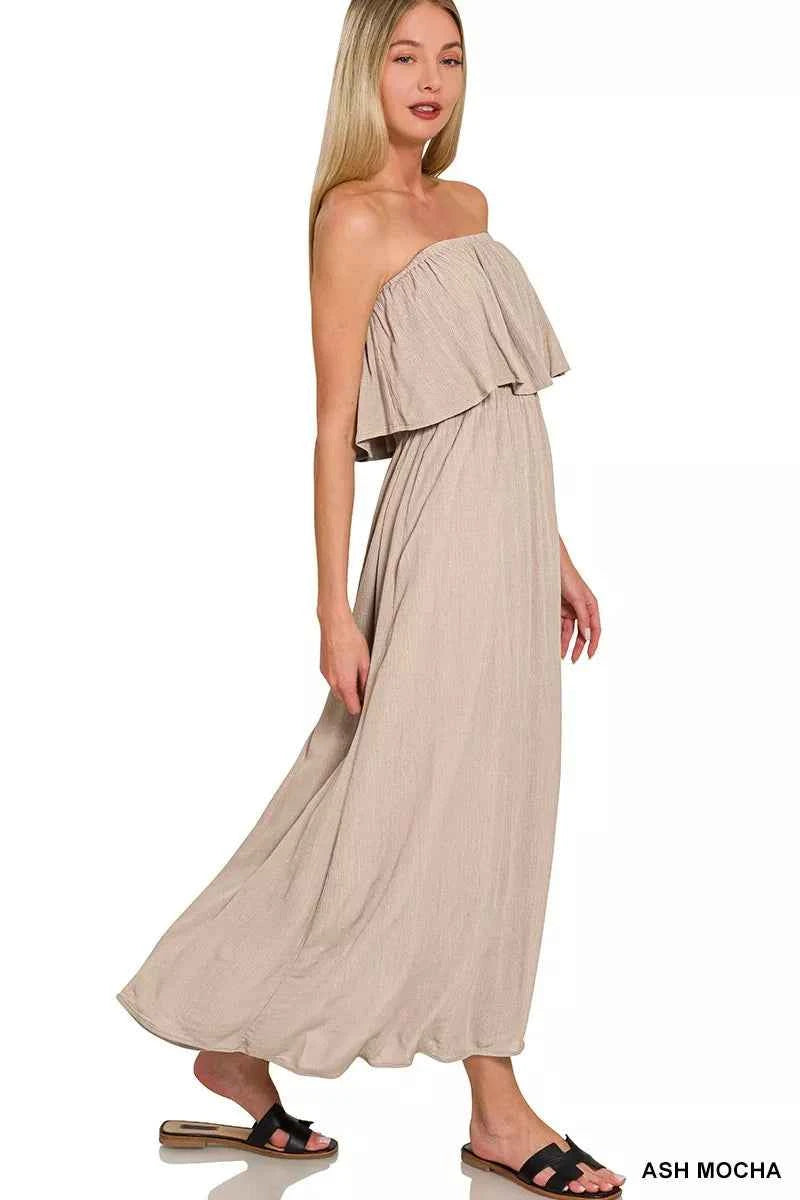 Zenana Woven Crinkle Strapless Maxi Dress