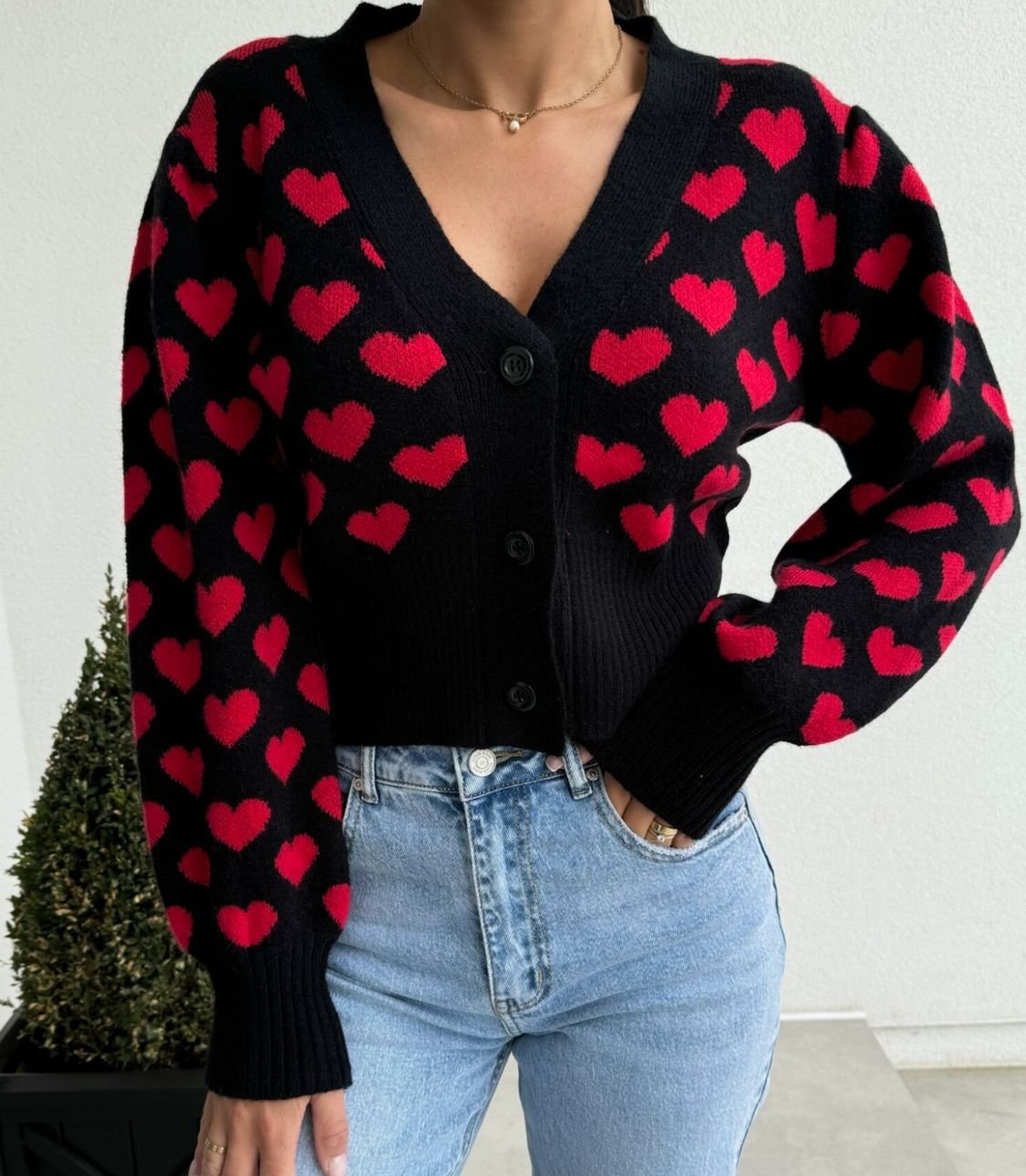 Valentine’s Day Heart Cardigan V-Neck Cropped Black Knit Long Sleeve