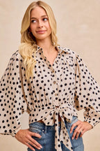 BiBi Womens Crop Shirt Polka Dot Print Tie Hem Detail Long Sleeve Top d5b925aeafbd4e82a540fdbb7718c0bf-Max-Origin Trendsi