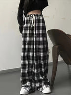 Plaid High-Waisted Wide-Leg Pants with Drawstring Waist