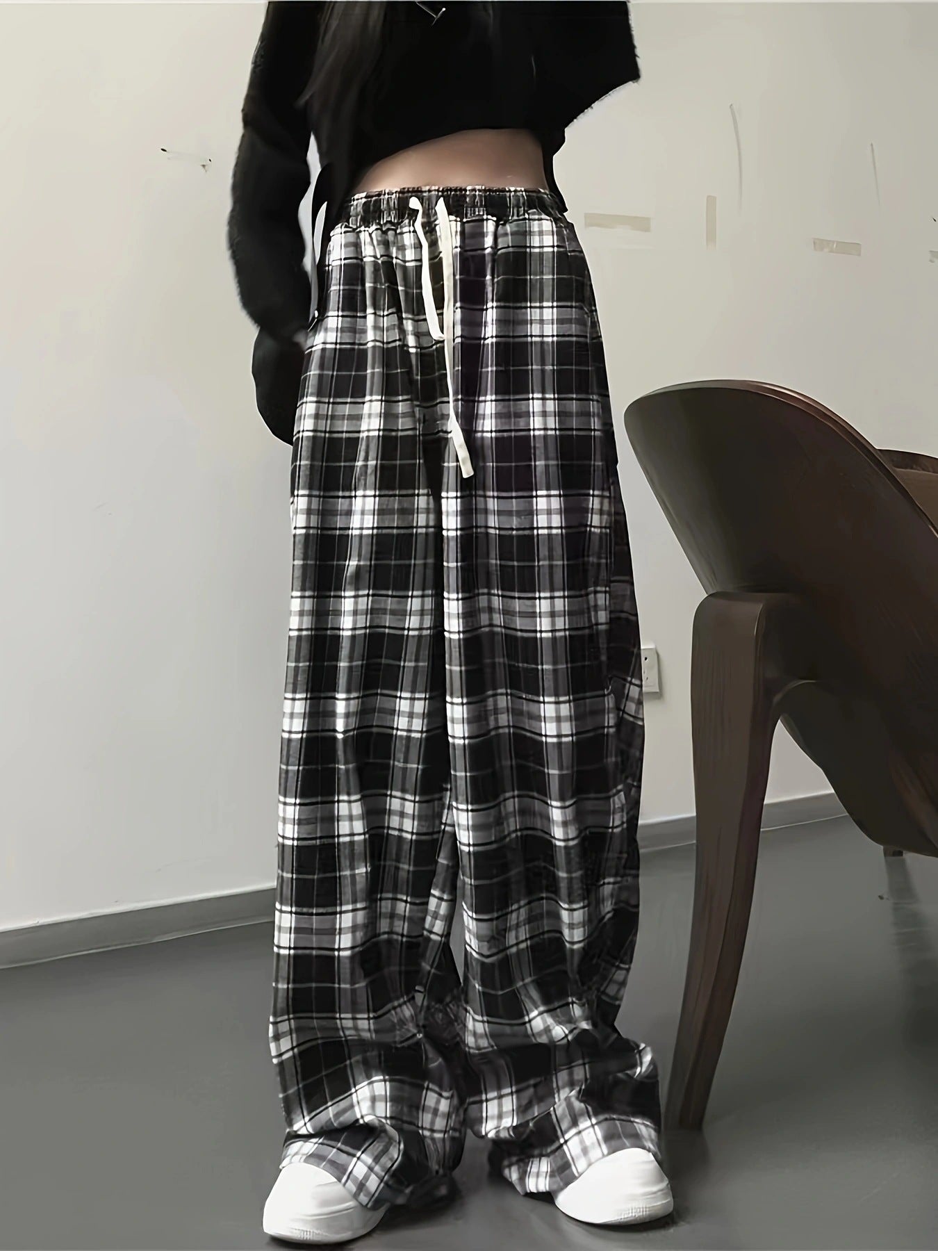 Plaid High-Waisted Wide-Leg Pants with Drawstring Waist