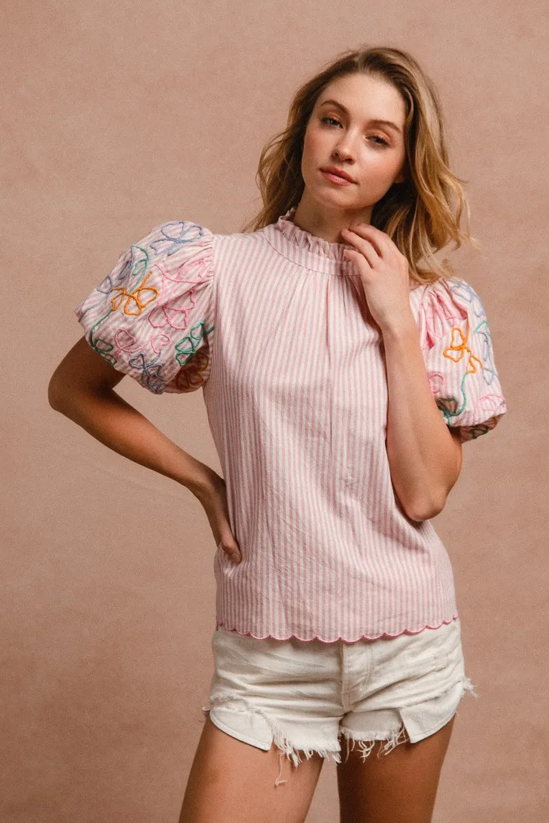 BiBi Blouse Pink Striped Embroidery Bubble Sleeve With Bottom Scallop Detail ROSE PINK