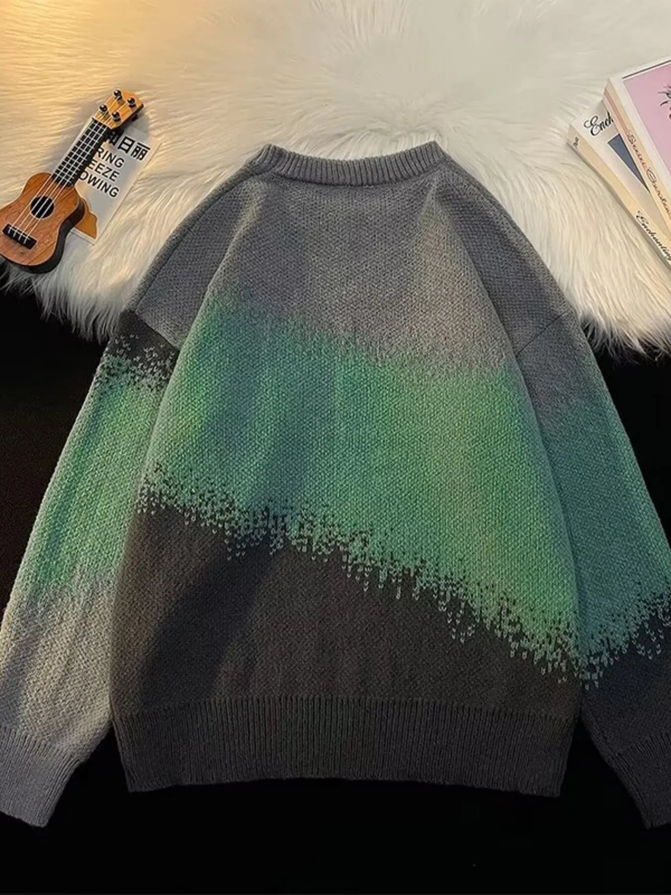 Men's Sweater Gradient Gray Green Color Block Oversized Knit Pullover