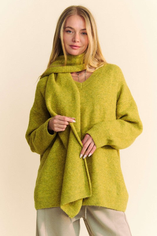 Davi & Dani Chartreuse Sweater with Scarf V-Neck Dropped Shoulder Chartreuse d5e275f4-c6b9-49ff-9e64-21b08d723db5-Max Trendsi