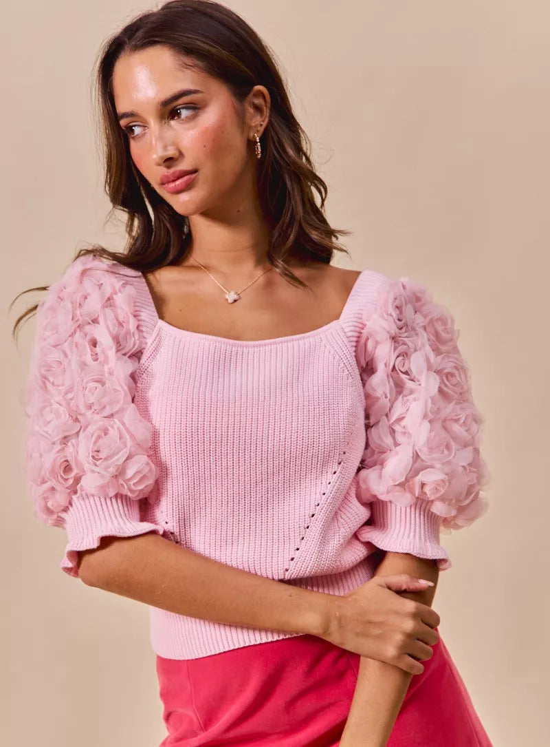 SO ME Rosette Sleeves Blouse Square Neck Sweater Knit Top Light Pink BLUSHPINK d5eabaa7-483d-45be-9857-8a16a5926ebf-Max-Origin Trendsi