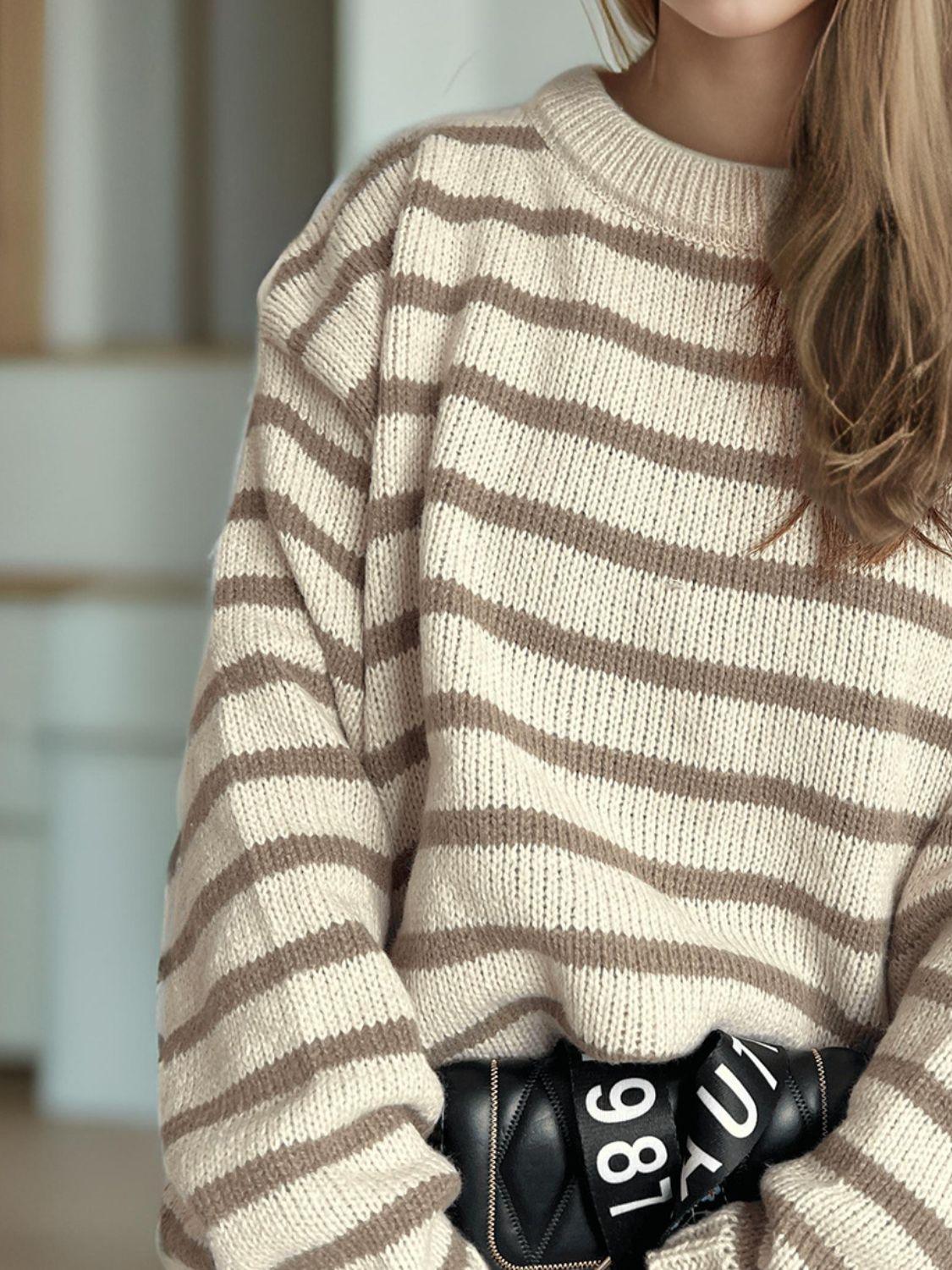 Striped Sweater Round Neck Long Sleeve Oversized Soft Knit Pullover d5ef0390-16c6-488d-bf8b-6eac02965949-Max Trendsi
