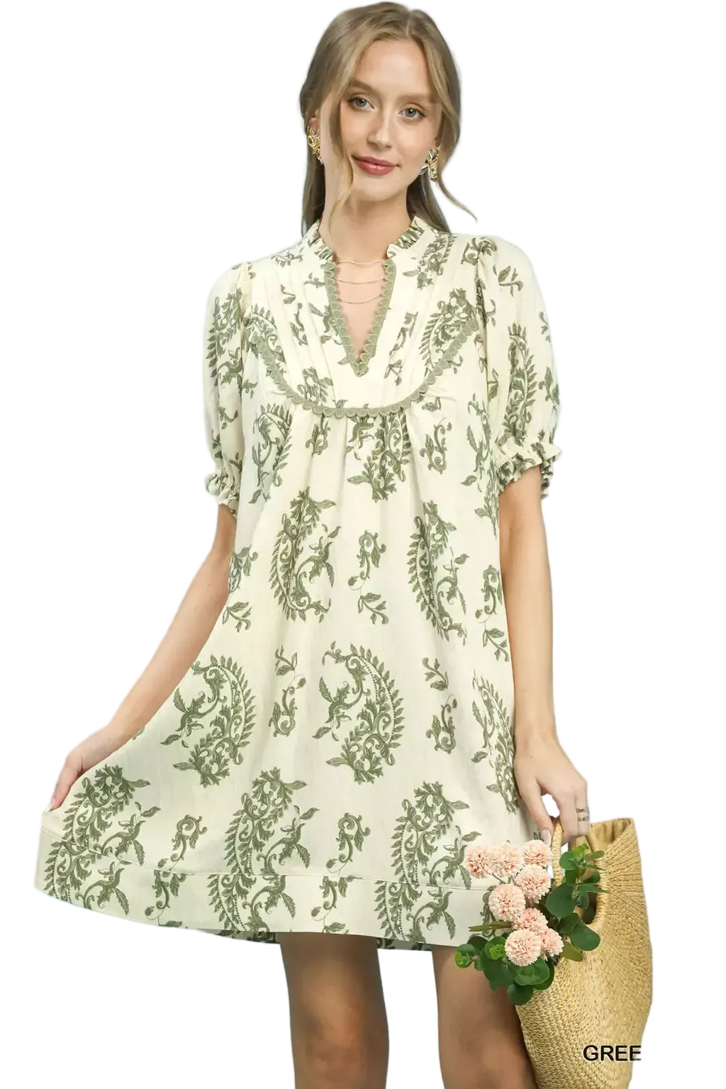 Umgee Paisley Print Dress with Scalloped Trim