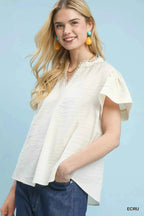 Umgee Blouse Ecru Seersucker Short Sleeve Top with Lace Trim d62c32c7-b288-4376-94e0-0cb697d05b31-Max-Origin Trendsi