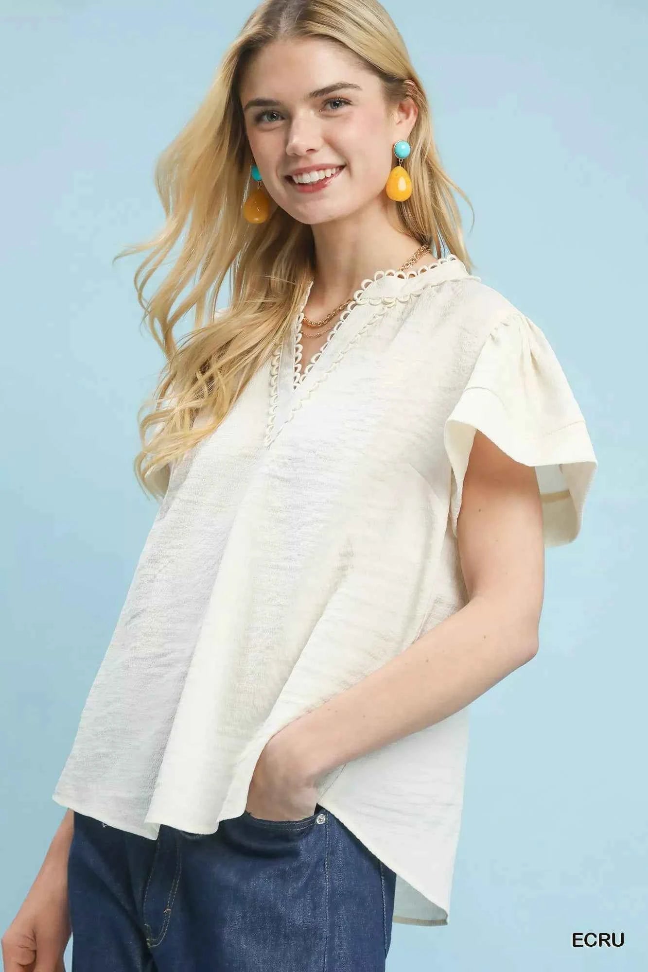 Umgee Blouse Ecru Seersucker Short Sleeve Top with Lace Trim d62c32c7-b288-4376-94e0-0cb697d05b31-Max-Origin Trendsi