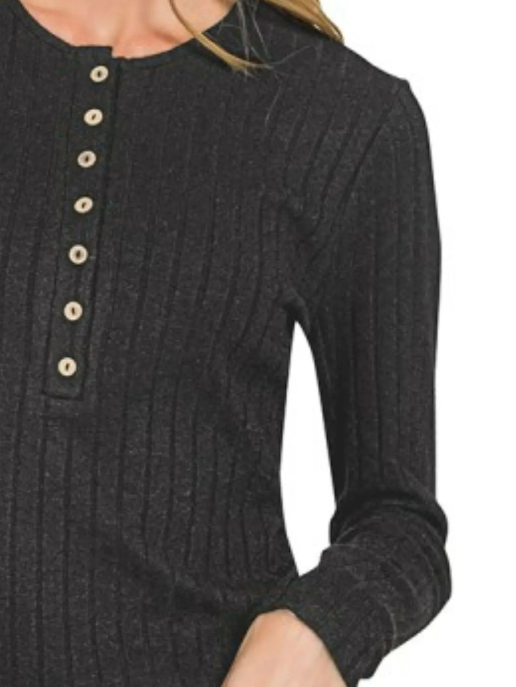 Zenana Black Ribbed Top Long Sleeve Half Button Blouse d62e9f44-b2bc-43af-950d-8dc3da37269e-Max-Origin Trendsi