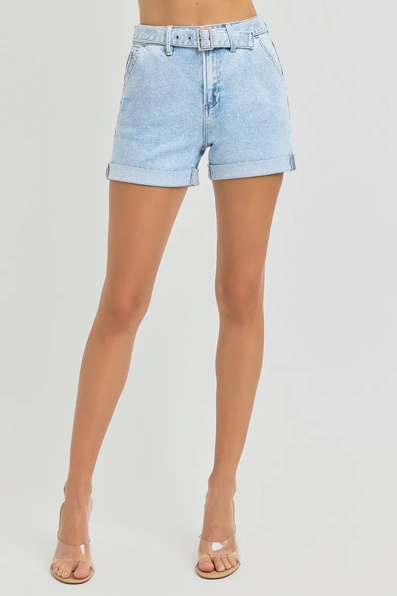 RISEN Roll Up Denim Shorts Women's High Rise Belted Light Washed d633dd36dd774960a5cf202576d0fff6-Max-Origin Trendsi
