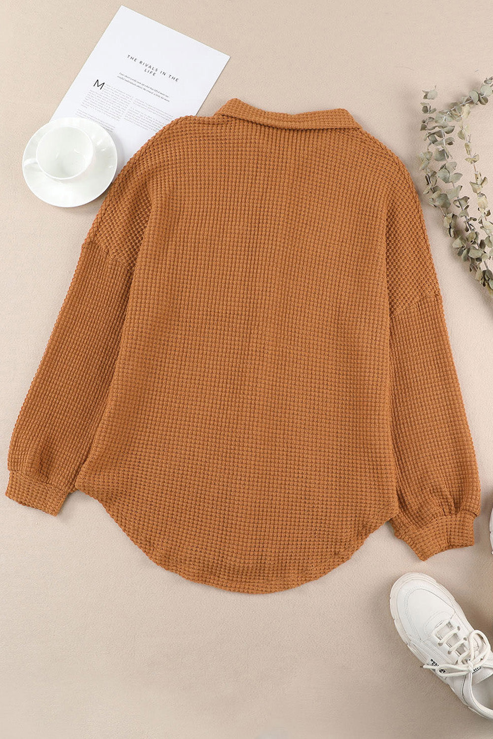 Waffle-Knit Women Shirt Collared Neck Long Sleeve Pocketed Single Breasted d6346698-41f1-4f25-bd84-49546d0f245f-Max Trendsi