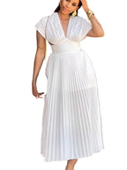 Pleated Cap Sleeve Midi Dress, 95% Polyester 5% Spandex, No Stretch, Unlined, Imported