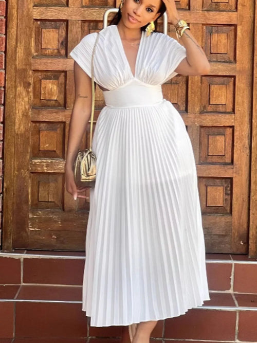 Pleated Cap Sleeve Midi Dress, 95% Polyester 5% Spandex, No Stretch, Unlined, Imported