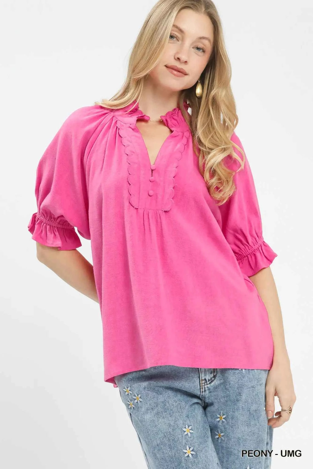Umgee Linen Blouse Rose Scalloped Ruffle Neck Top Short Puff Sleeves d6465421-505f-4779-a9a5-9a09a8259899-Max-Origin Trendsi