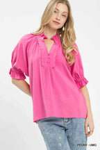 Umgee Linen Blouse Rose Scalloped Ruffle Neck Top Short Puff Sleeves d6465421-505f-4779-a9a5-9a09a8259899-Max-Origin Trendsi