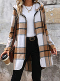 Hooded Plaid Coat Drawstring Hood Zip Up Long Sleeve Outerwear Camel d64e8cee-f115-48f3-84a8-bc7975754228-Max Trendsi