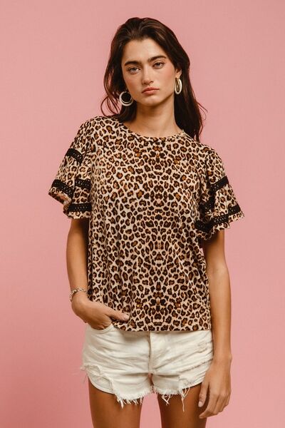 Bibi Leopard Print Blouse Crochet Trim Short Sleeve Top d650d5f3-bb14-42f8-a605-35828d34831c-Min Trendsi