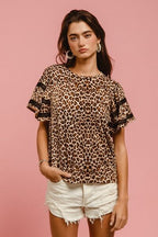 Bibi Leopard Print Blouse Crochet Trim Short Sleeve Top d650d5f3-bb14-42f8-a605-35828d34831c-Min Trendsi